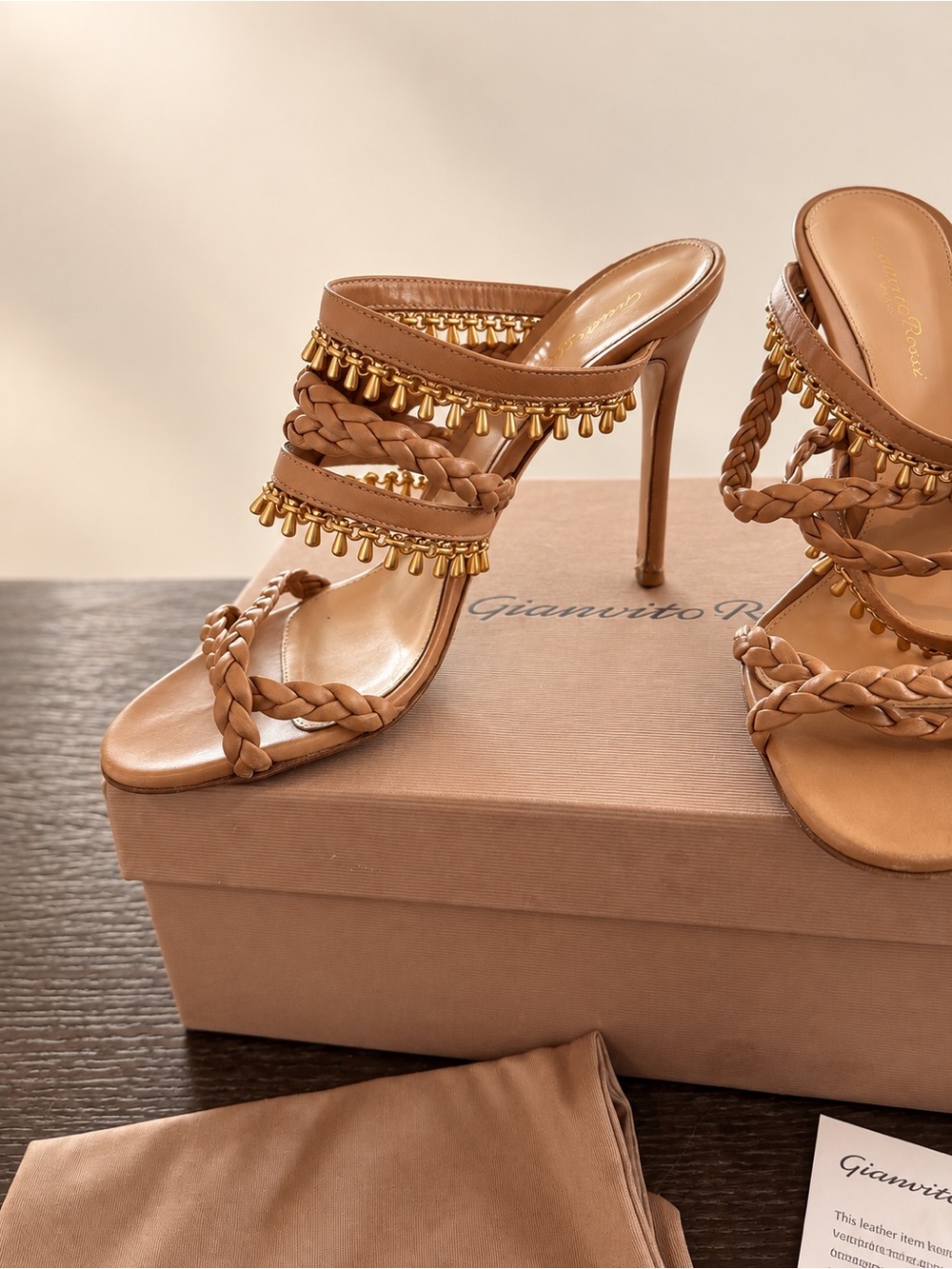 Gianvito Rossi Tan Braided Leather Stiletto Sandals with Gold Tassel Trim
